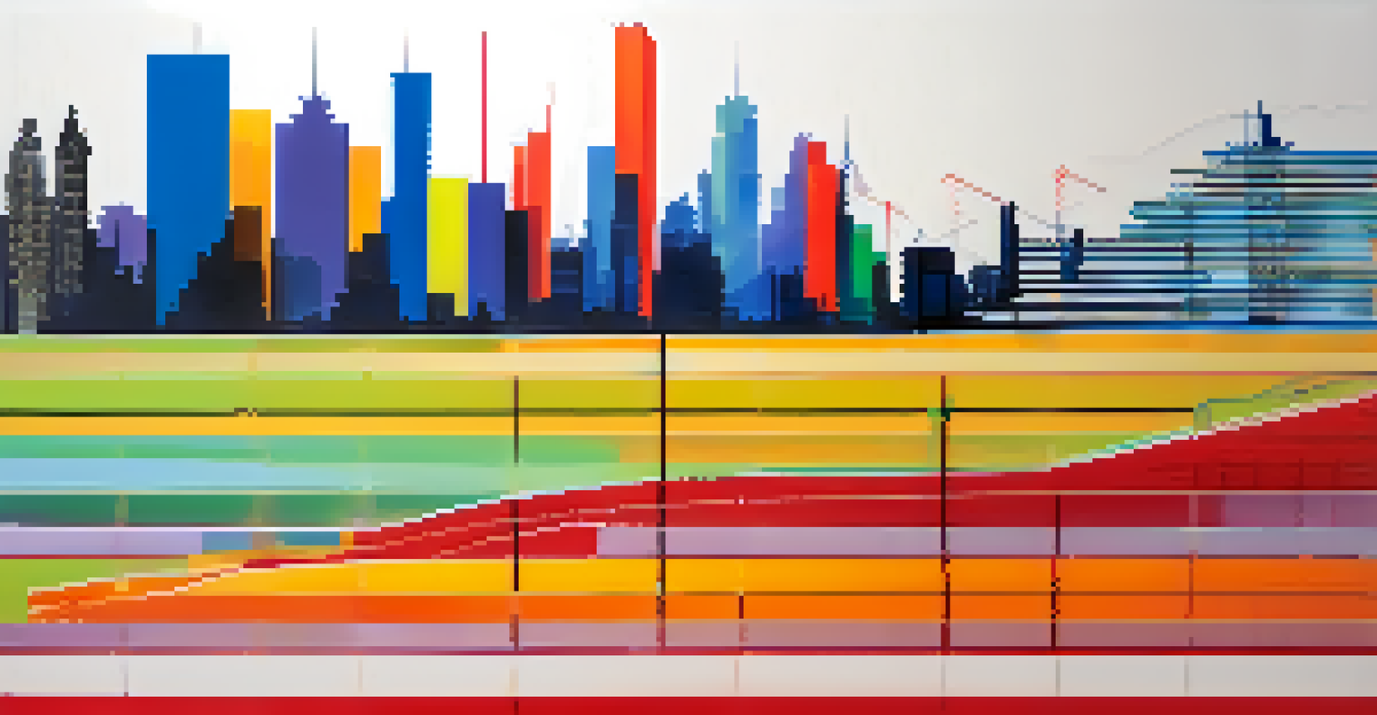 A financial graph showing growth in real estate investments with colorful lines and building silhouettes in the background.