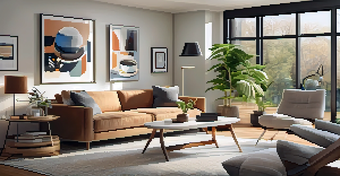 A cozy living room with smart home devices, including a smart thermostat, smart plugs, and smart bulbs, illuminated by warm light, featuring modern furniture and natural light from a window.