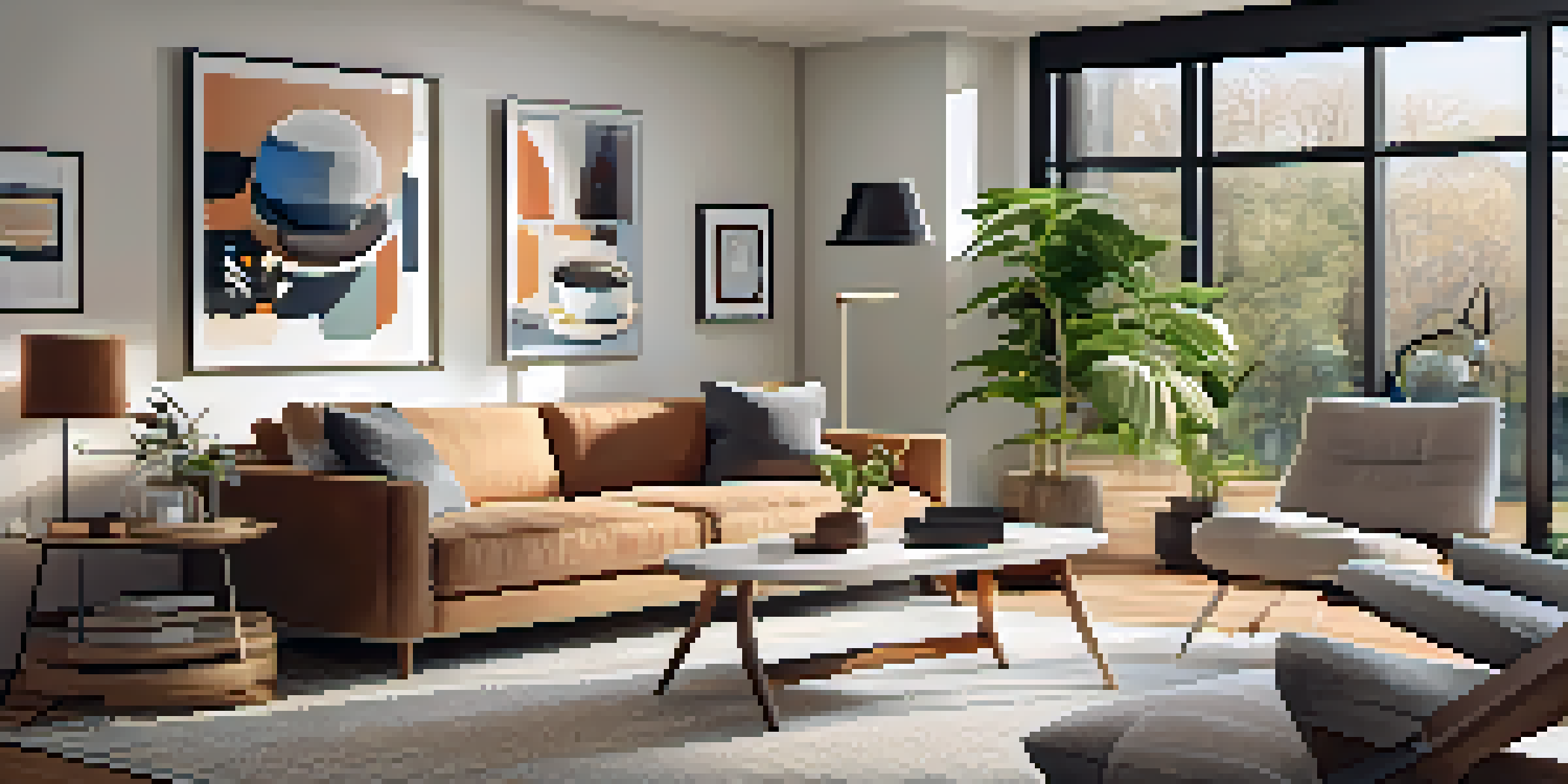 A cozy living room with smart home devices, including a smart thermostat, smart plugs, and smart bulbs, illuminated by warm light, featuring modern furniture and natural light from a window.