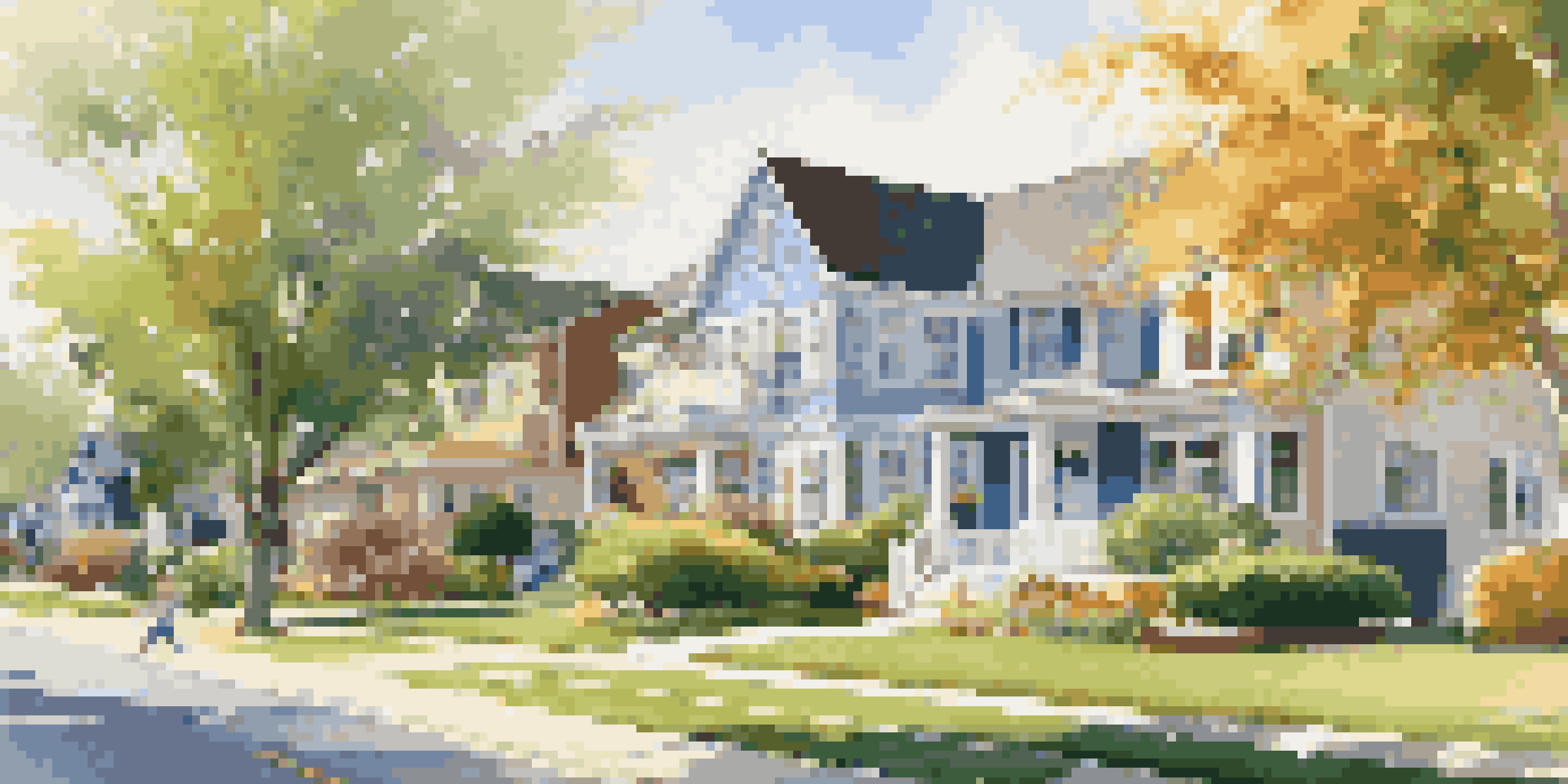 A peaceful suburban neighborhood with families enjoying the outdoors.