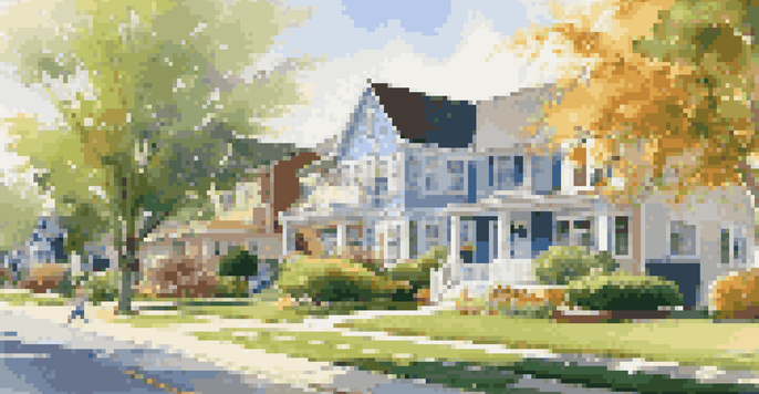 A peaceful suburban neighborhood with families enjoying the outdoors.