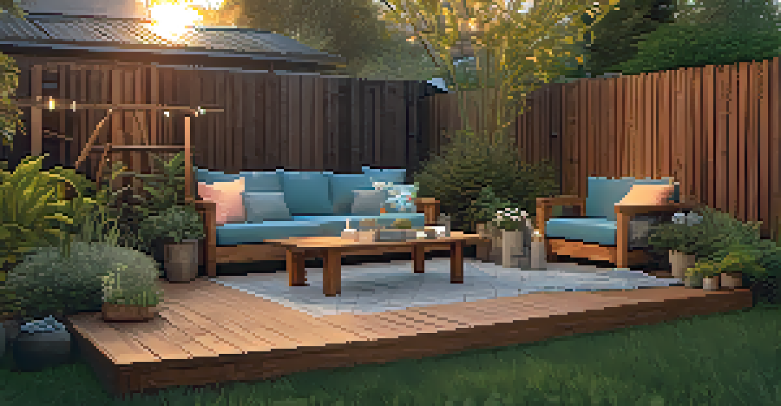 An outdoor seating area made from eco-friendly materials surrounded by native plants and solar lights at dusk.