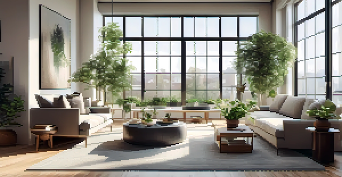 A bright and modern open house living room, featuring large windows, minimalistic furniture, and potted plants, creating an inviting atmosphere.