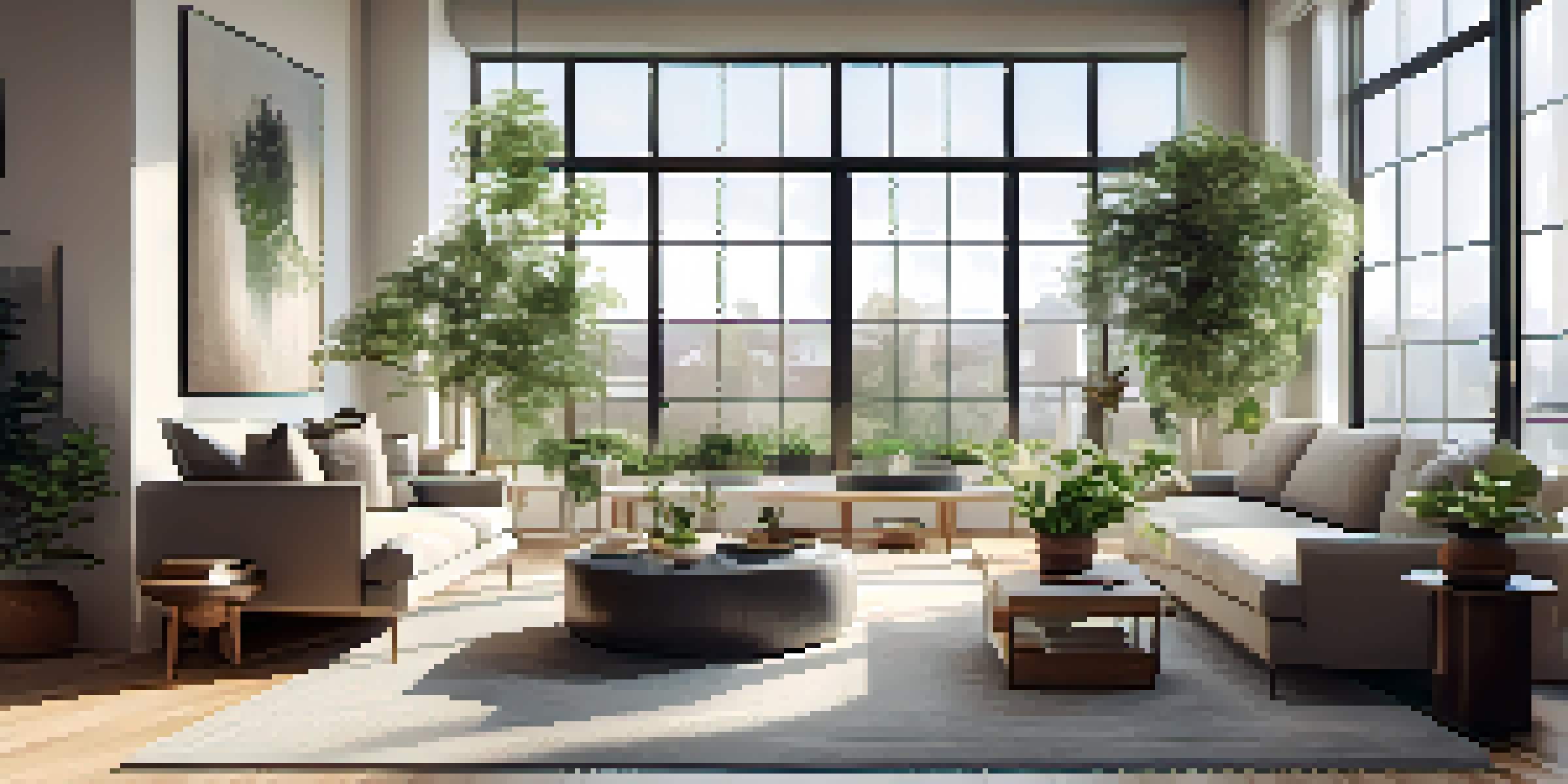 A bright and modern open house living room, featuring large windows, minimalistic furniture, and potted plants, creating an inviting atmosphere.