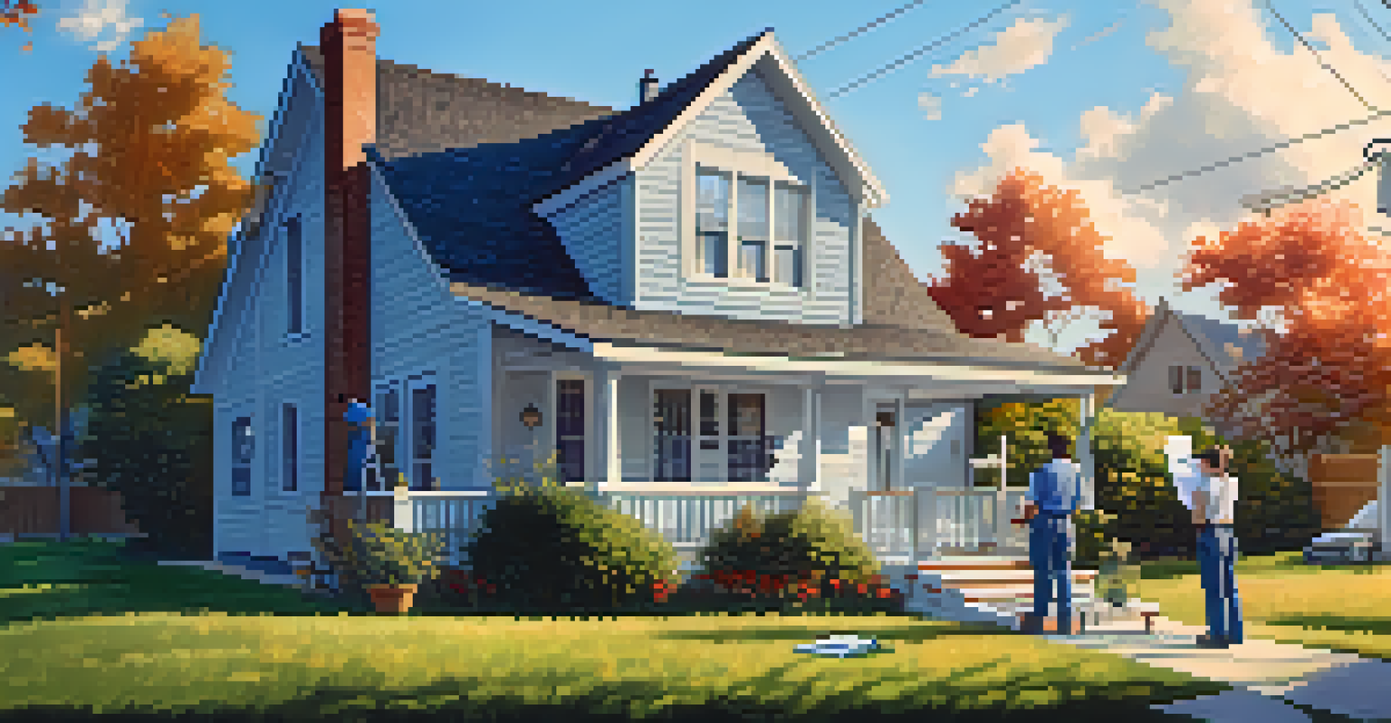 A home inspector on the roof checking shingles, with a couple observing from the front yard. The clear sky and sunny day create a bright atmosphere.