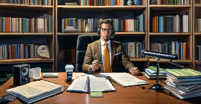 A real estate agent recording a podcast at a desk with a microphone, notes, and books in a welcoming setting.