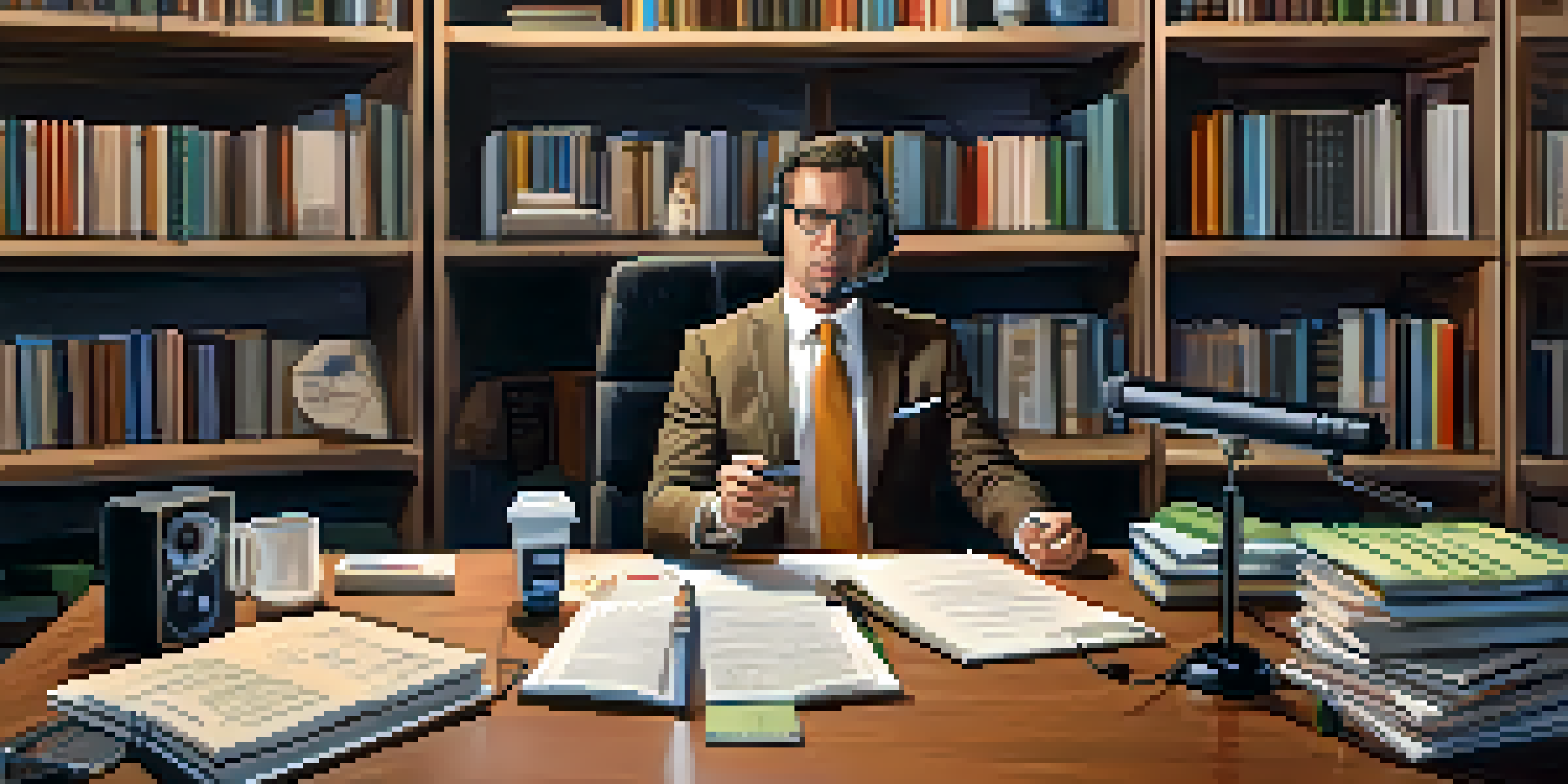 A real estate agent recording a podcast at a desk with a microphone, notes, and books in a welcoming setting.