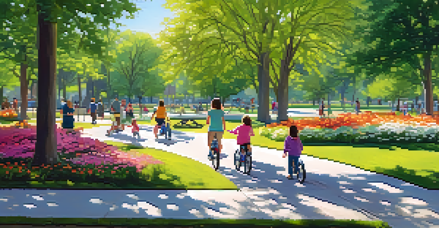 A park with families enjoying outdoor activities, children playing, and vibrant flowers in a sunny setting.