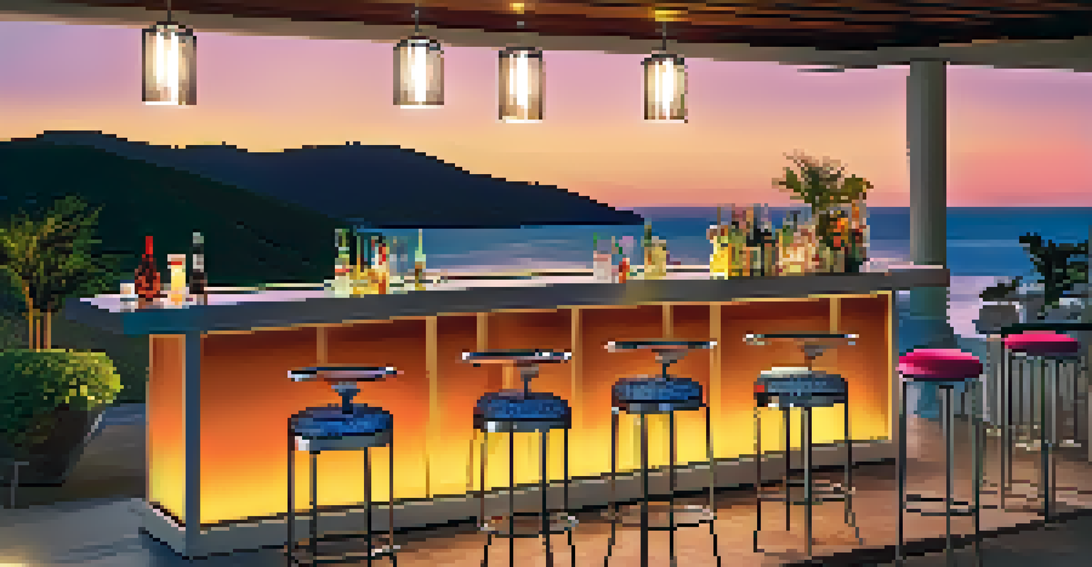 An elegant outdoor bar with a granite top and aluminum stools, vibrant cushions, and vintage decor. Soft LED lights set a relaxing ambiance against a sunset backdrop.