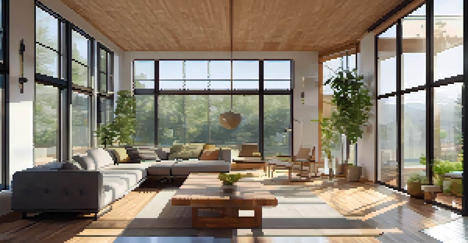 A bright living room in a Passive House with large windows and sustainable furniture.