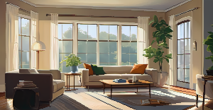 A cozy living room with a modern sofa, a coffee table, and sunlight streaming through large windows.