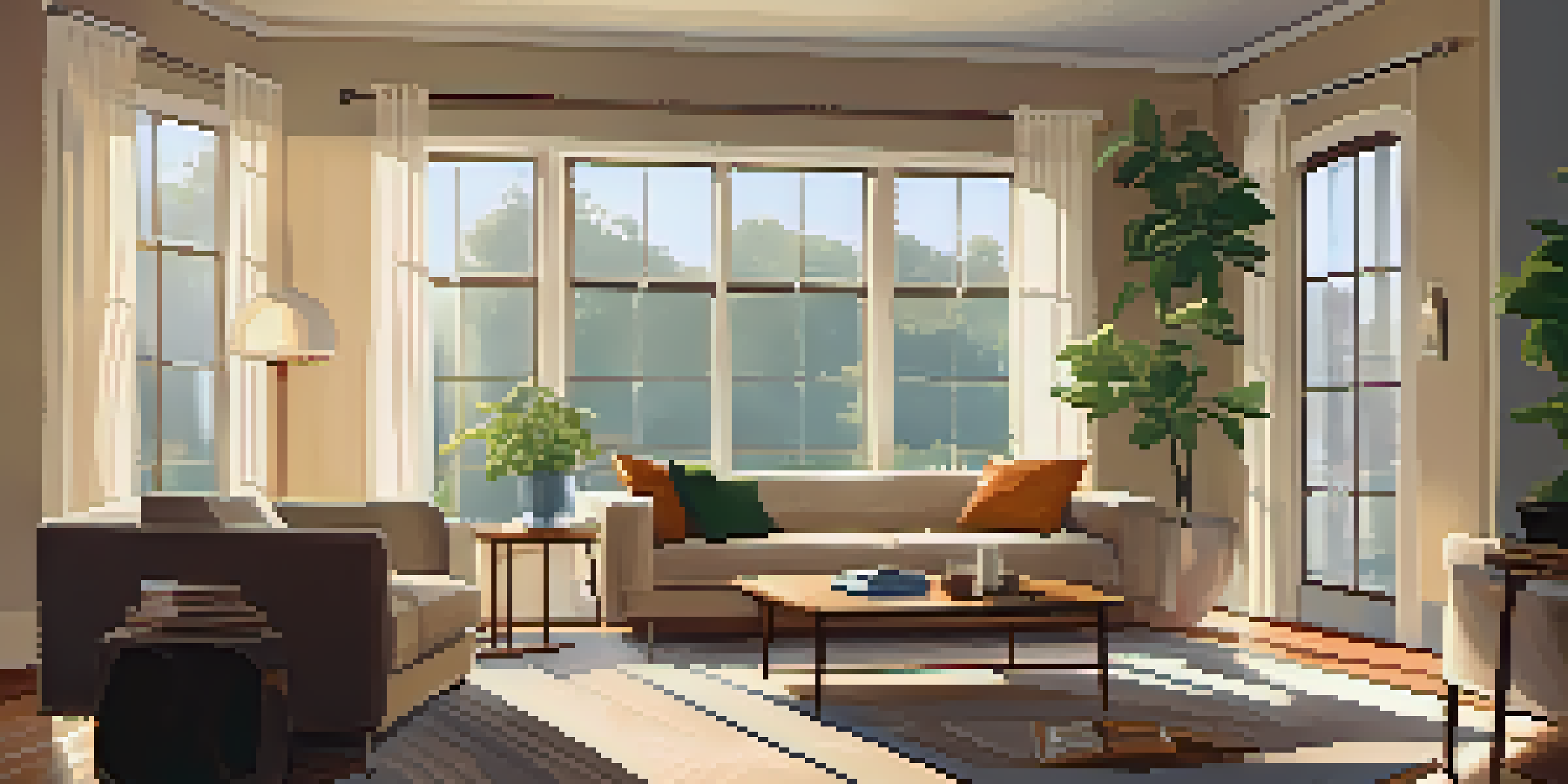 A cozy living room with a modern sofa, a coffee table, and sunlight streaming through large windows.