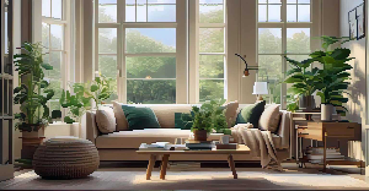 A cozy living room with a modern sofa, coffee table, and large windows filled with natural light, decorated with plants and a soft rug.