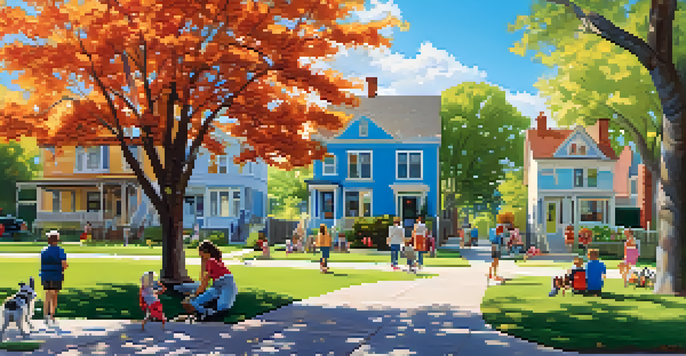 A lively neighborhood park with families, children playing, and colorful homes in the background under a blue sky.