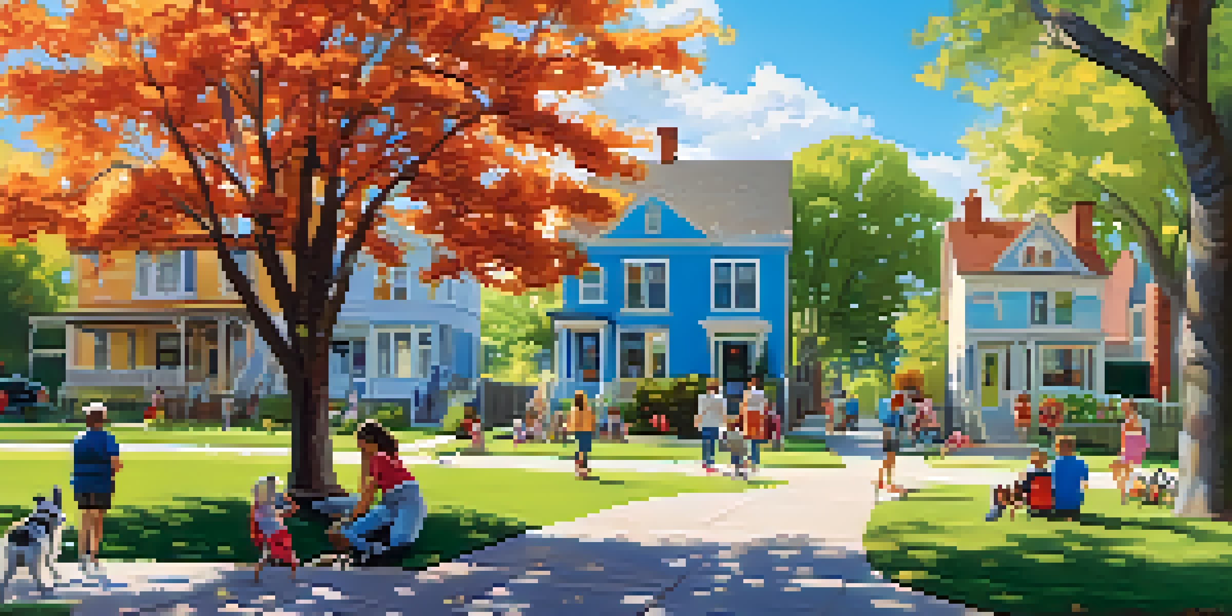 A lively neighborhood park with families, children playing, and colorful homes in the background under a blue sky.