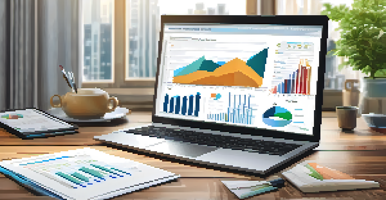 A detailed real estate market report on a wooden desk, with graphs showing rising home prices and a laptop in the background.