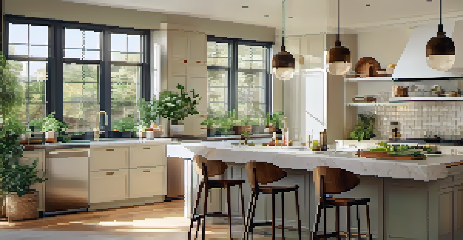 A sunlit kitchen with an open layout, featuring sleek cabinetry and a dining area, filled with natural light and a warm color palette.