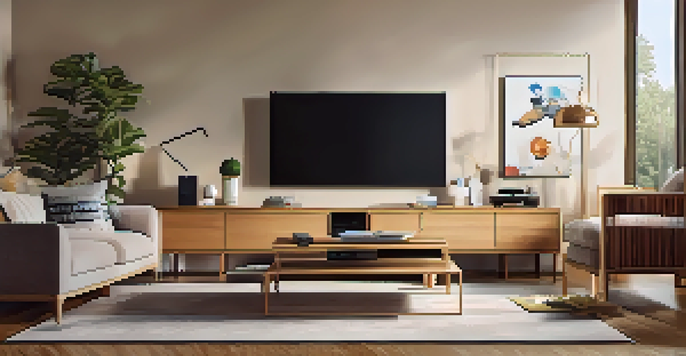 A modern living room with a smart power strip next to an entertainment center, showcasing connected devices like a TV and gaming console in a cozy setting.