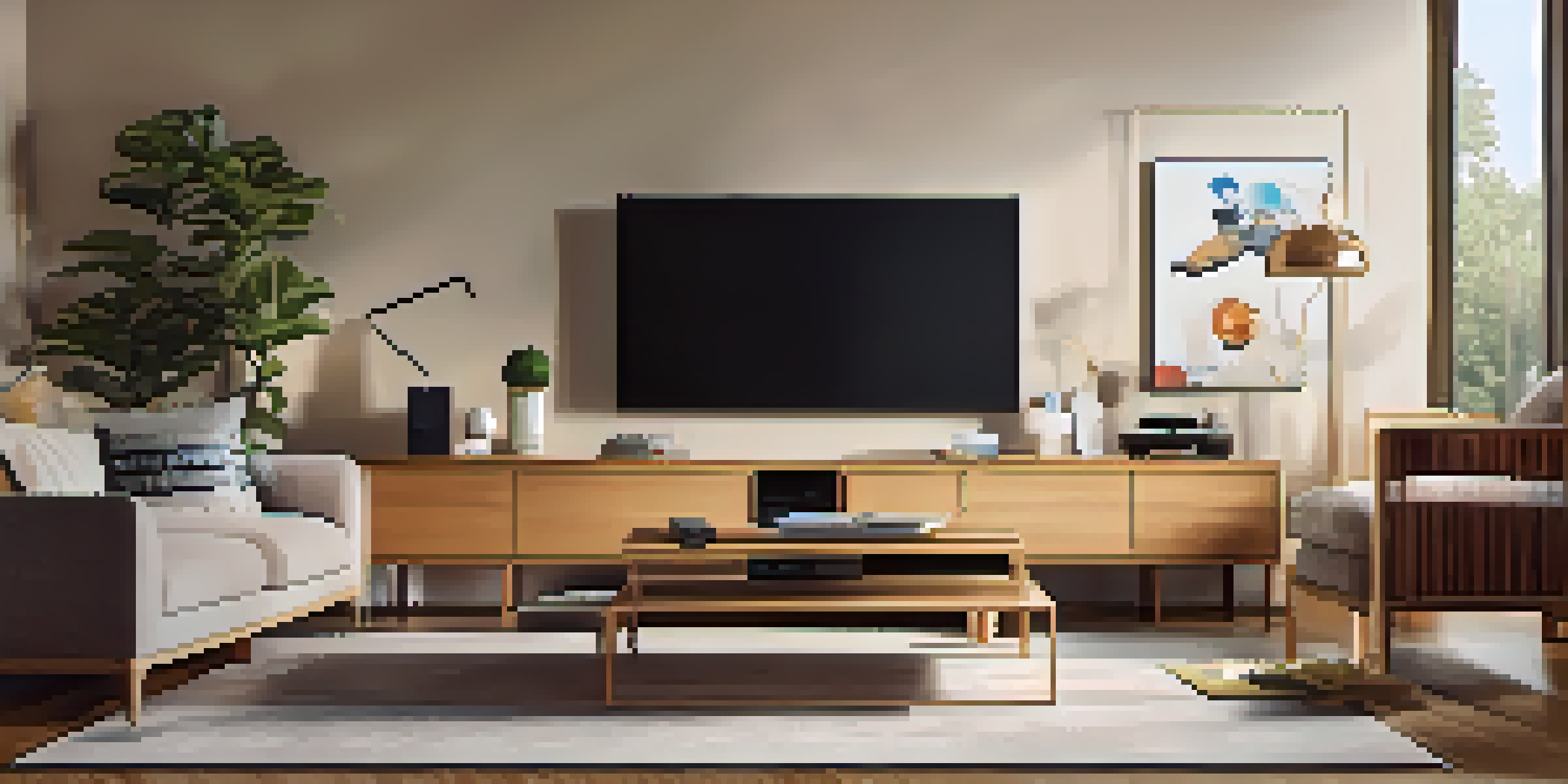 A modern living room with a smart power strip next to an entertainment center, showcasing connected devices like a TV and gaming console in a cozy setting.