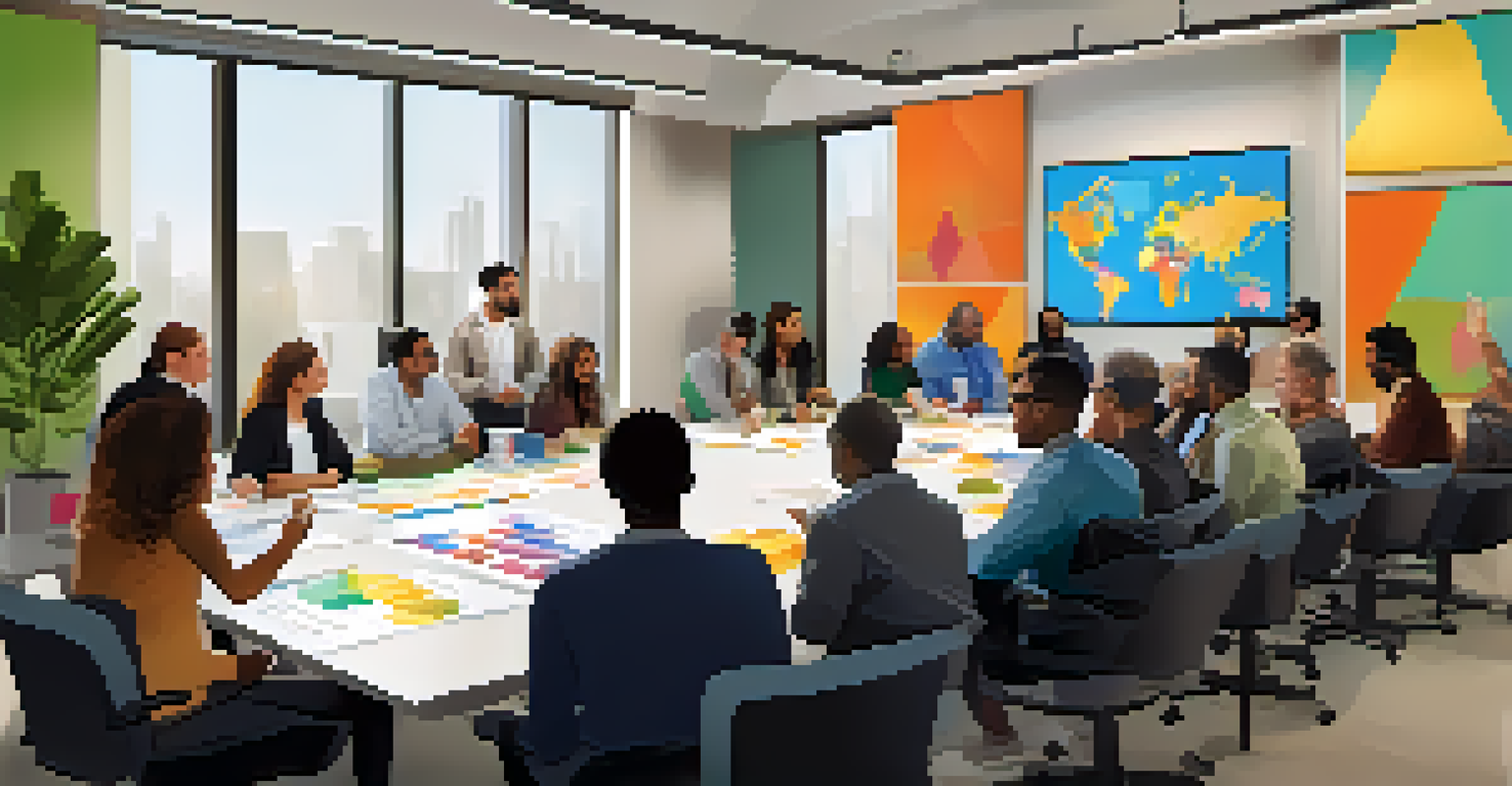 A community engagement workshop with diverse participants discussing plans in a bright conference room filled with blueprints and charts.
