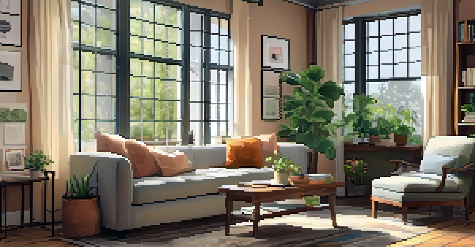 A beautifully arranged living room with a sofa, coffee table, and large windows letting in sunlight.