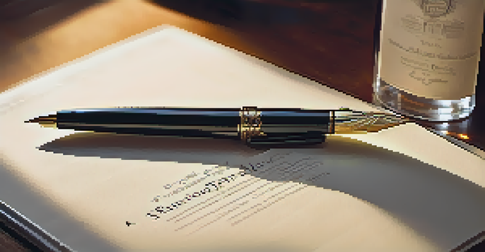 A close-up view of a property title document on a wooden desk, with a fountain pen and an ink bottle, illuminated by soft sunlight.