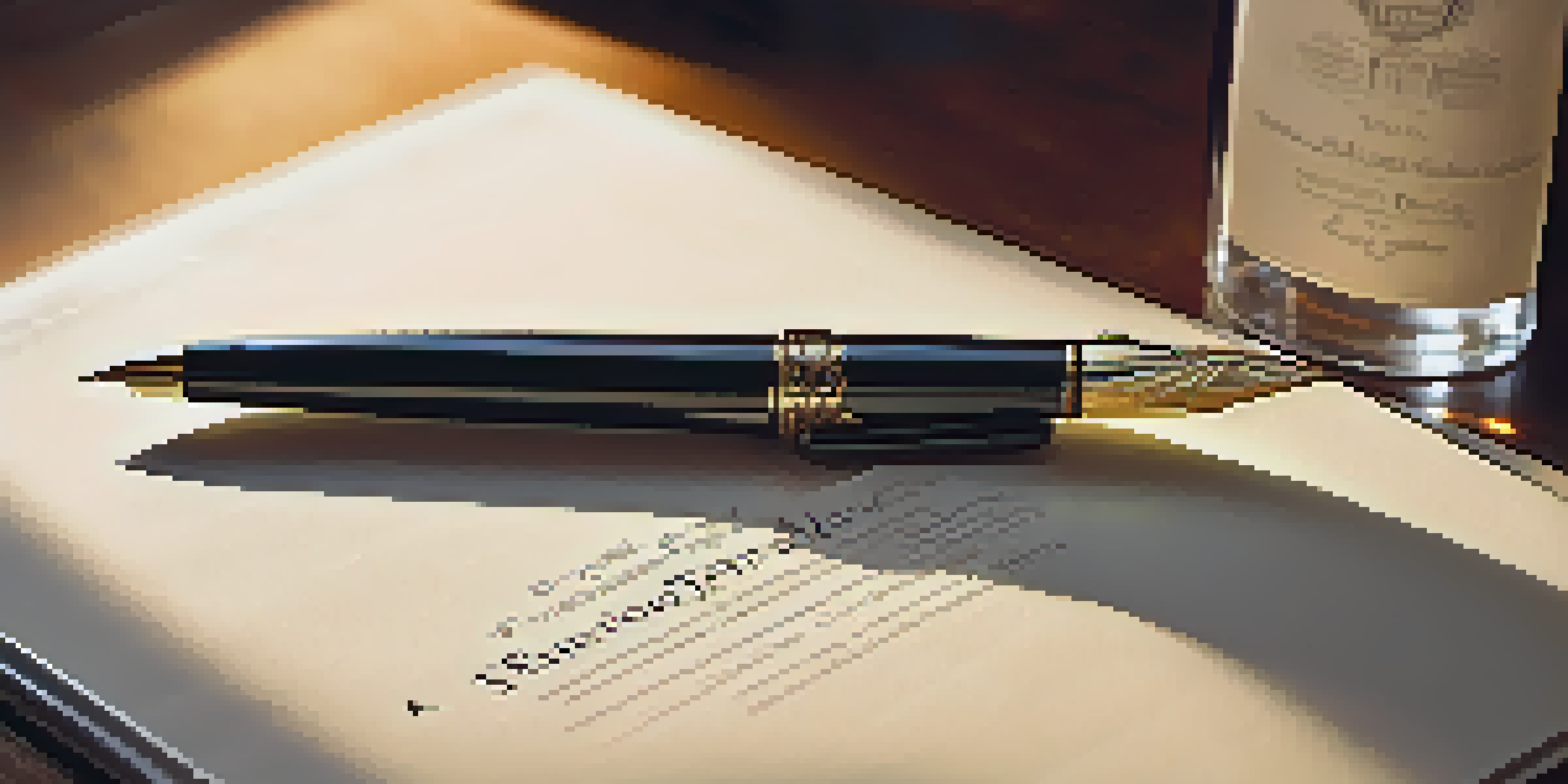 A close-up view of a property title document on a wooden desk, with a fountain pen and an ink bottle, illuminated by soft sunlight.