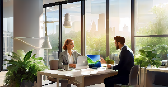 A professional agent and their client discussing in a modern office with sunlight streaming through large windows.