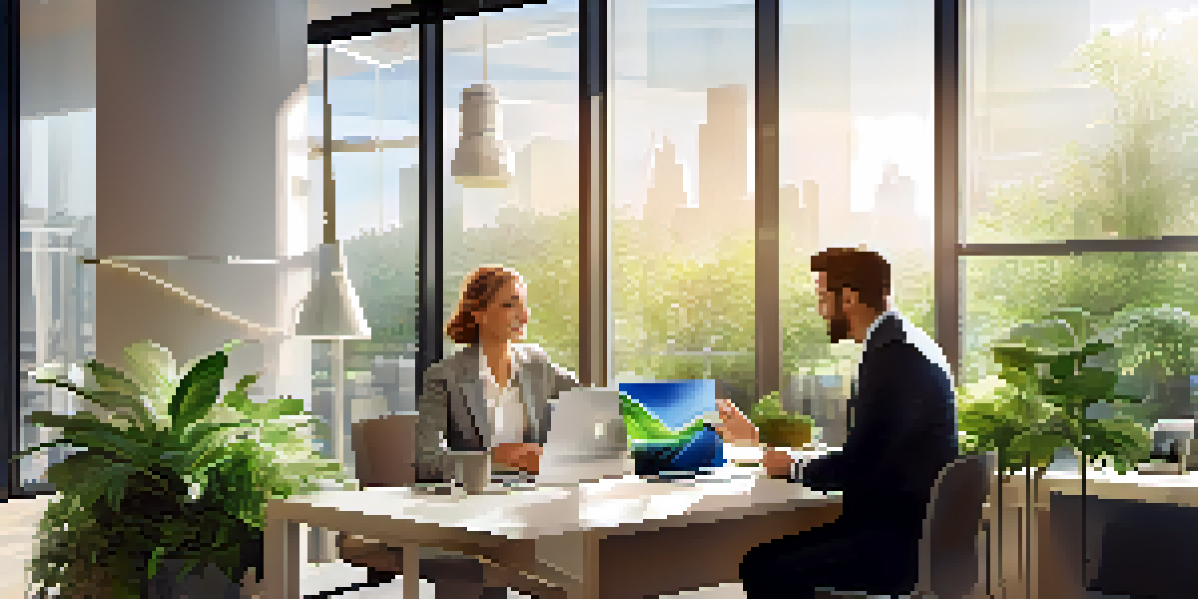 A professional agent and their client discussing in a modern office with sunlight streaming through large windows.