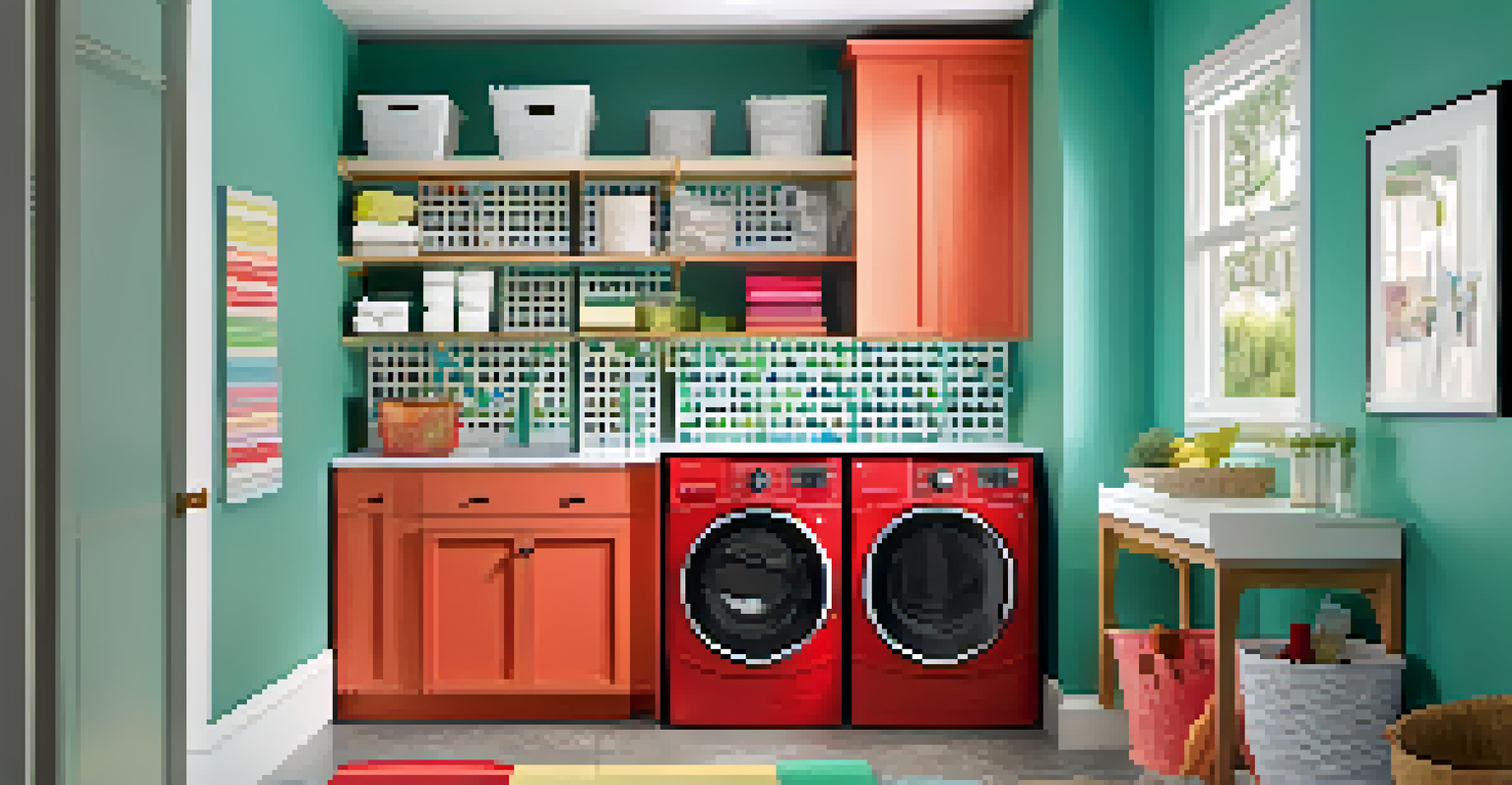 An elegant laundry room with a stackable washer and dryer, a pegboard for supplies, a bright color scheme, a folding station, and organized storage bins.