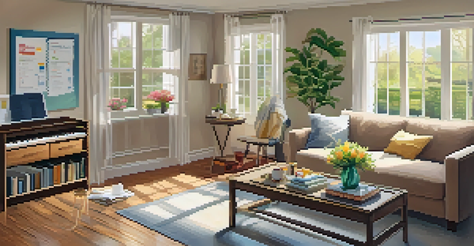 A bright and inviting living room with a checklist on the coffee table and flowers visible through the window.