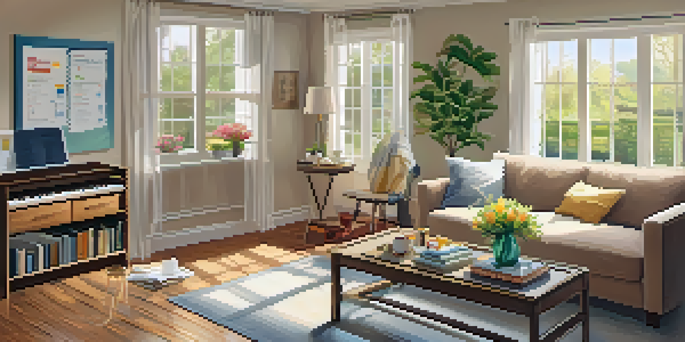 A bright and inviting living room with a checklist on the coffee table and flowers visible through the window.