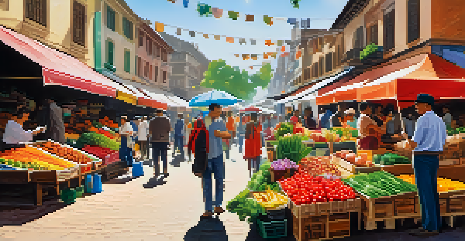 A vibrant outdoor market filled with stalls of fresh produce and flowers, with people shopping.