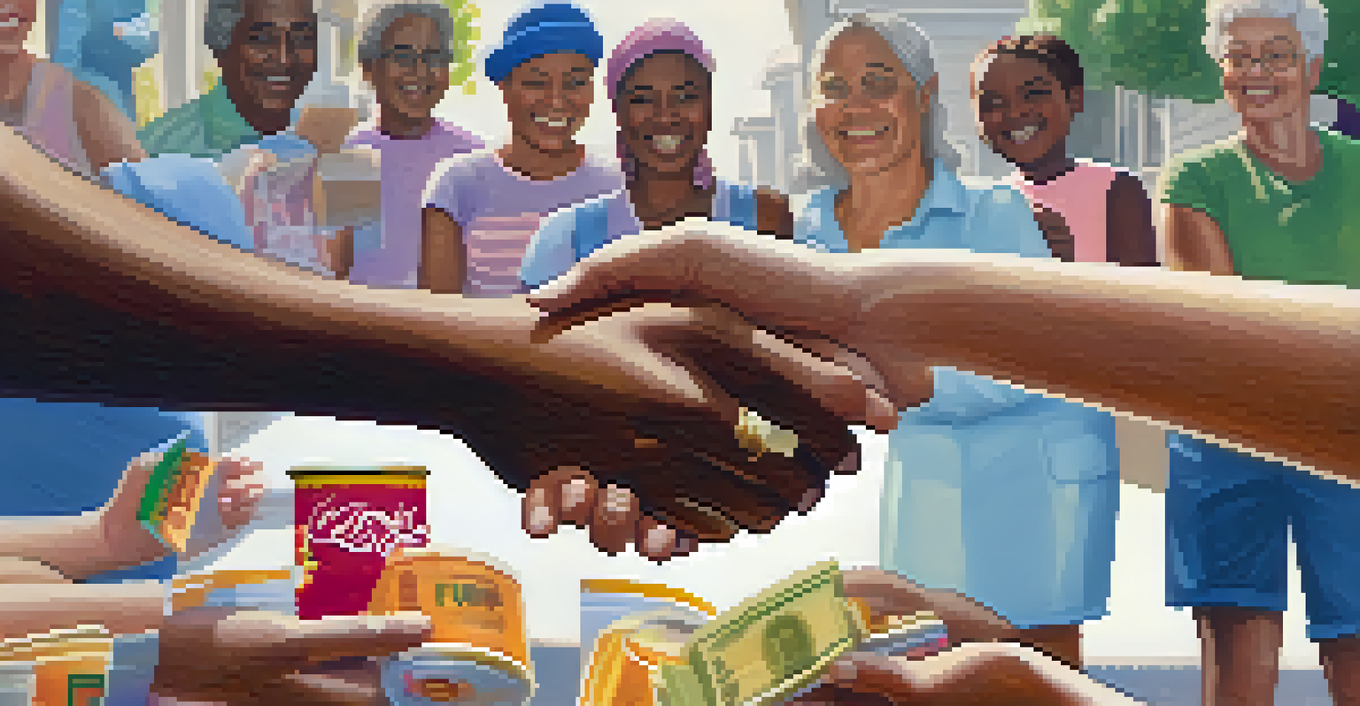Diverse hands exchanging a small donation at a neighborhood gathering, symbolizing community support with a soft-lit background.