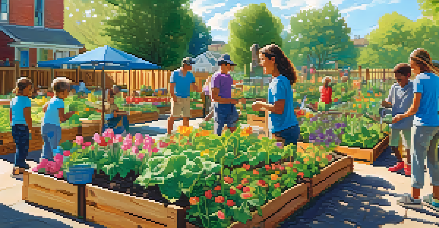 A lively community garden with people gardening and children playing, surrounded by colorful plants and flowers.