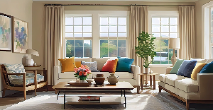 A cozy living room with a sofa, coffee table, and large window, illuminated by warm light.