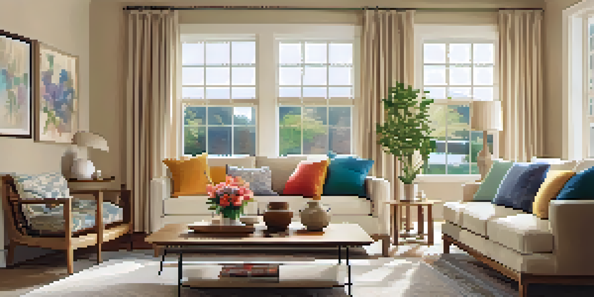 A cozy living room with a sofa, coffee table, and large window, illuminated by warm light.