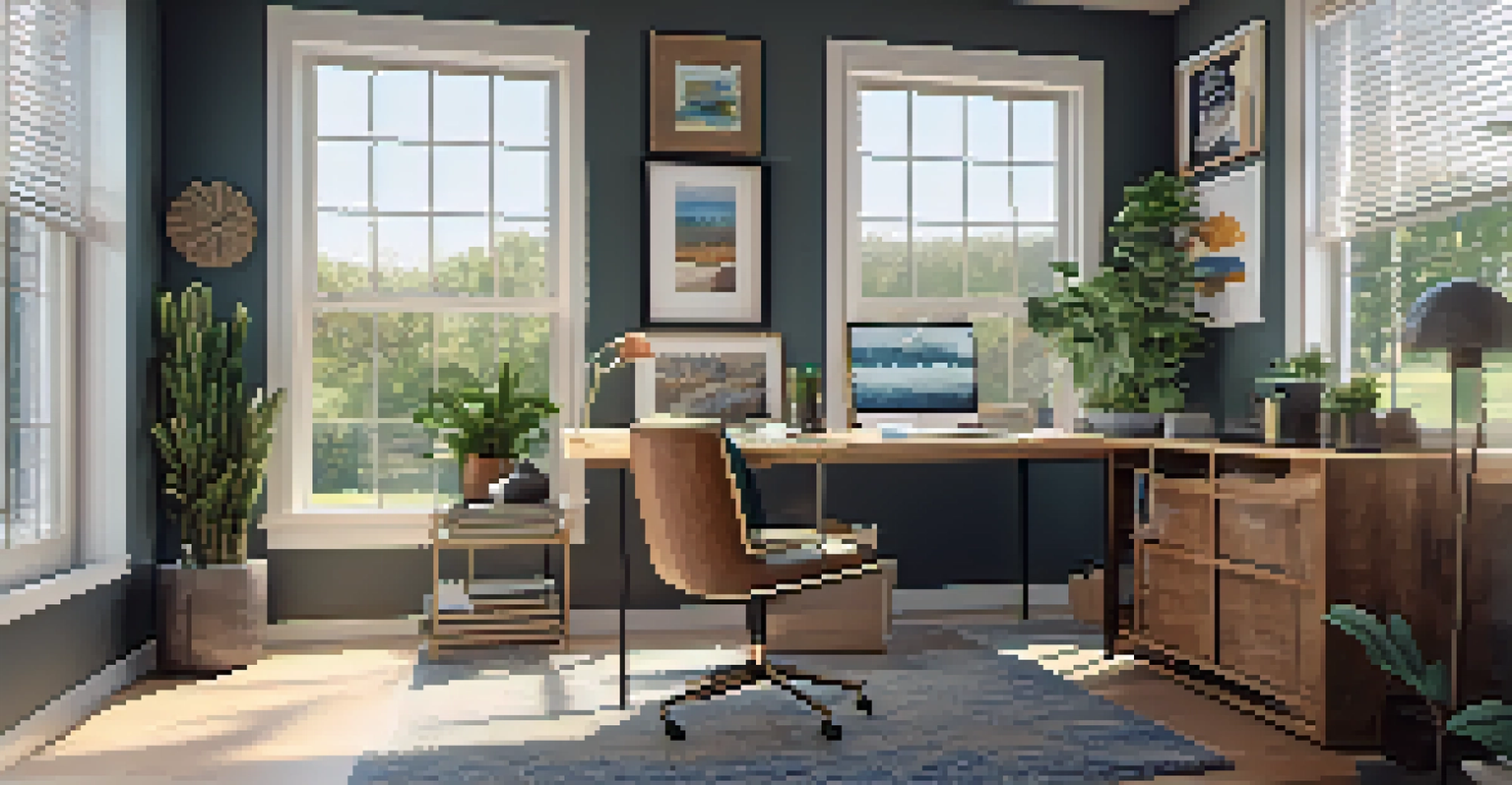 A bright and modern home office with a desk, laptop, and plants, showcasing a comfortable workspace in a suburban setting.