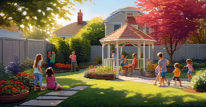 A family-friendly backyard with children playing on a swing set and a small vegetable garden, featuring a cozy gazebo shaded by trees.
