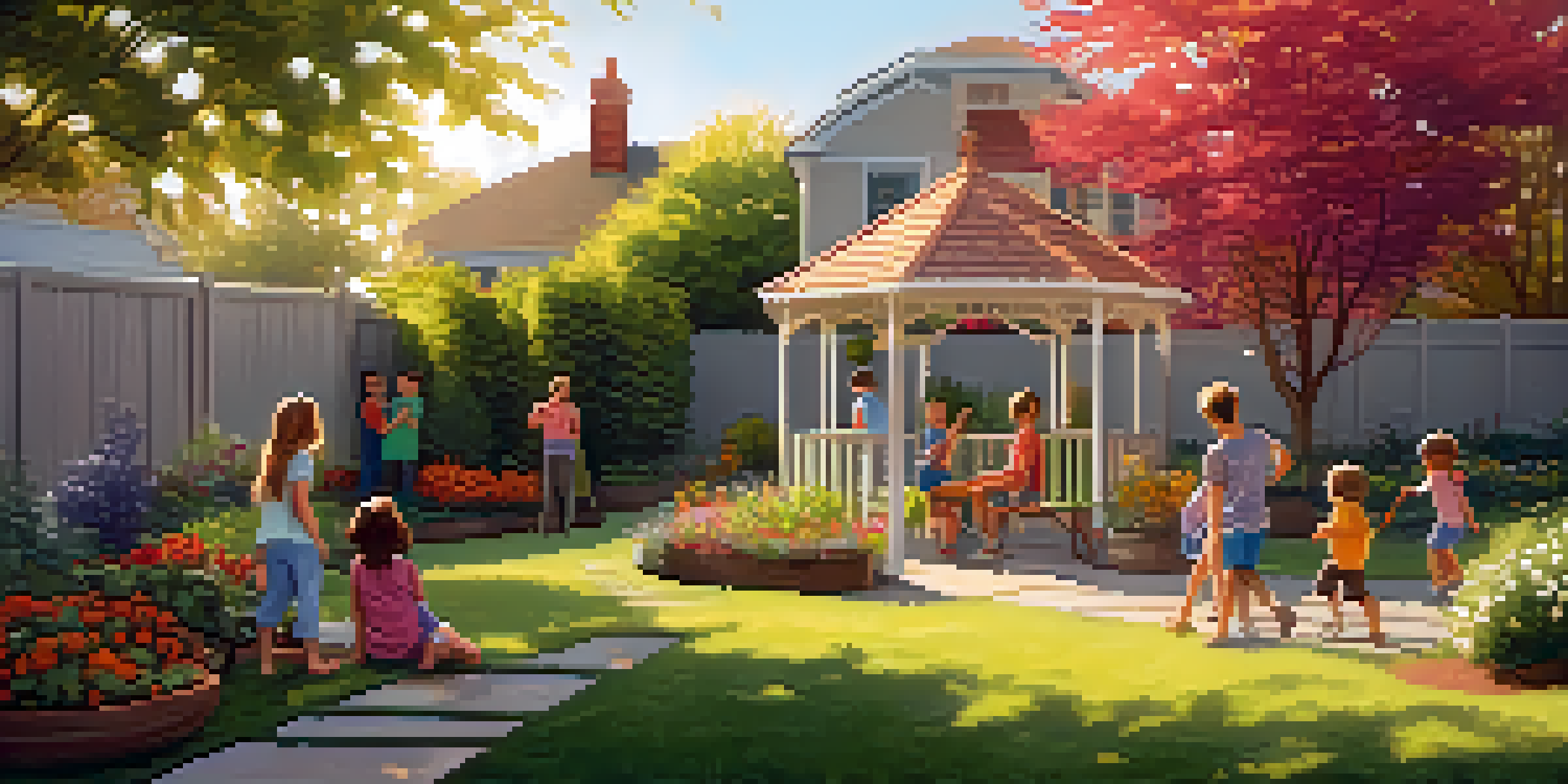 A family-friendly backyard with children playing on a swing set and a small vegetable garden, featuring a cozy gazebo shaded by trees.