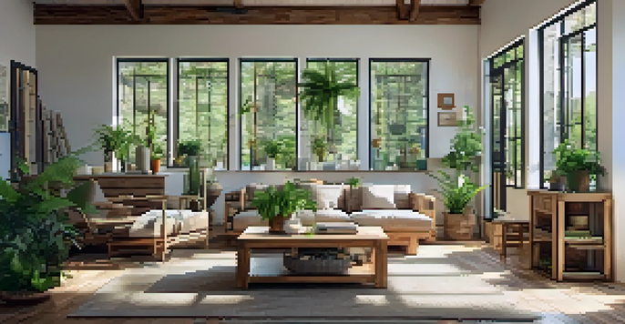 A spacious living room with large windows and eco-friendly materials, filled with natural light and indoor plants.