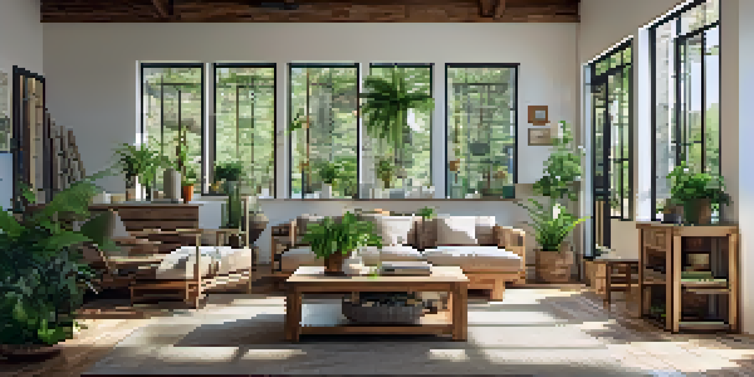 A spacious living room with large windows and eco-friendly materials, filled with natural light and indoor plants.