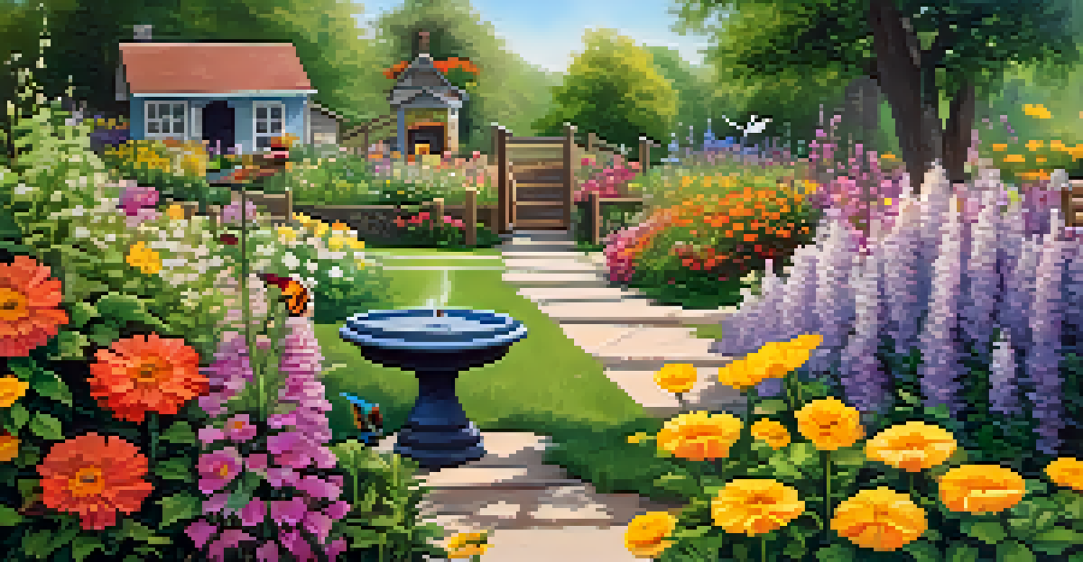 A beautiful garden with birdhouses, insect hotel, and butterflies, creating a balanced ecosystem.
