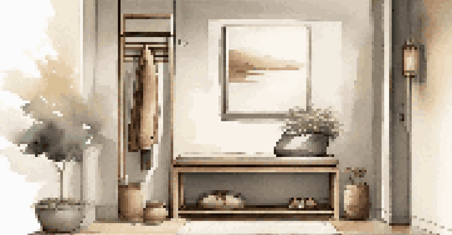 A functional Zen entryway with a console table, coat rack, and bench, all designed for both beauty and practicality.