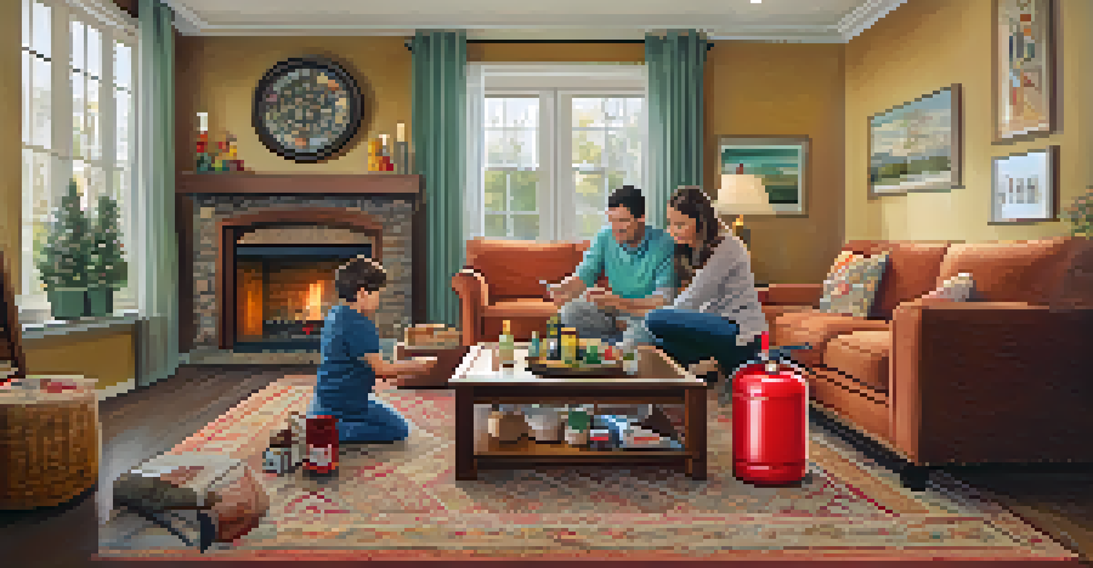 A family practicing the PASS technique for fire safety in a cozy living room.