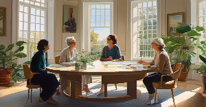 A mediation session with two parties at a round table, guided by a mediator in a bright room filled with natural light and plants.