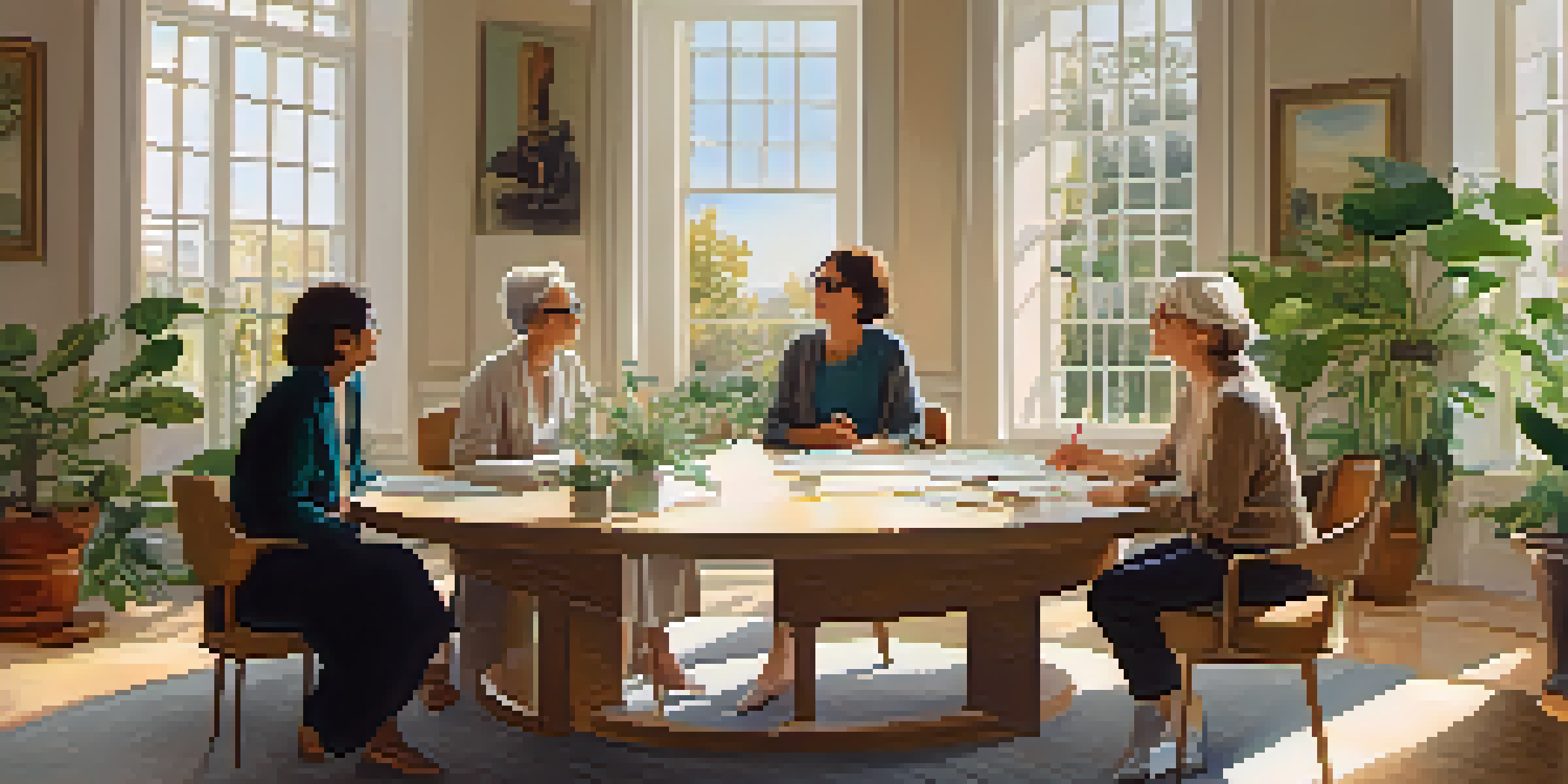 A mediation session with two parties at a round table, guided by a mediator in a bright room filled with natural light and plants.