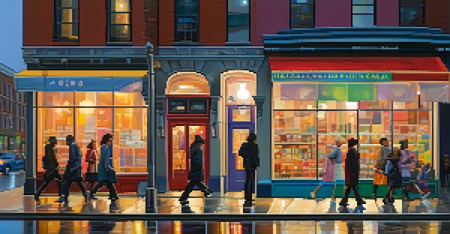 A lively city street at dusk with people walking and colorful lights reflecting on wet pavement.