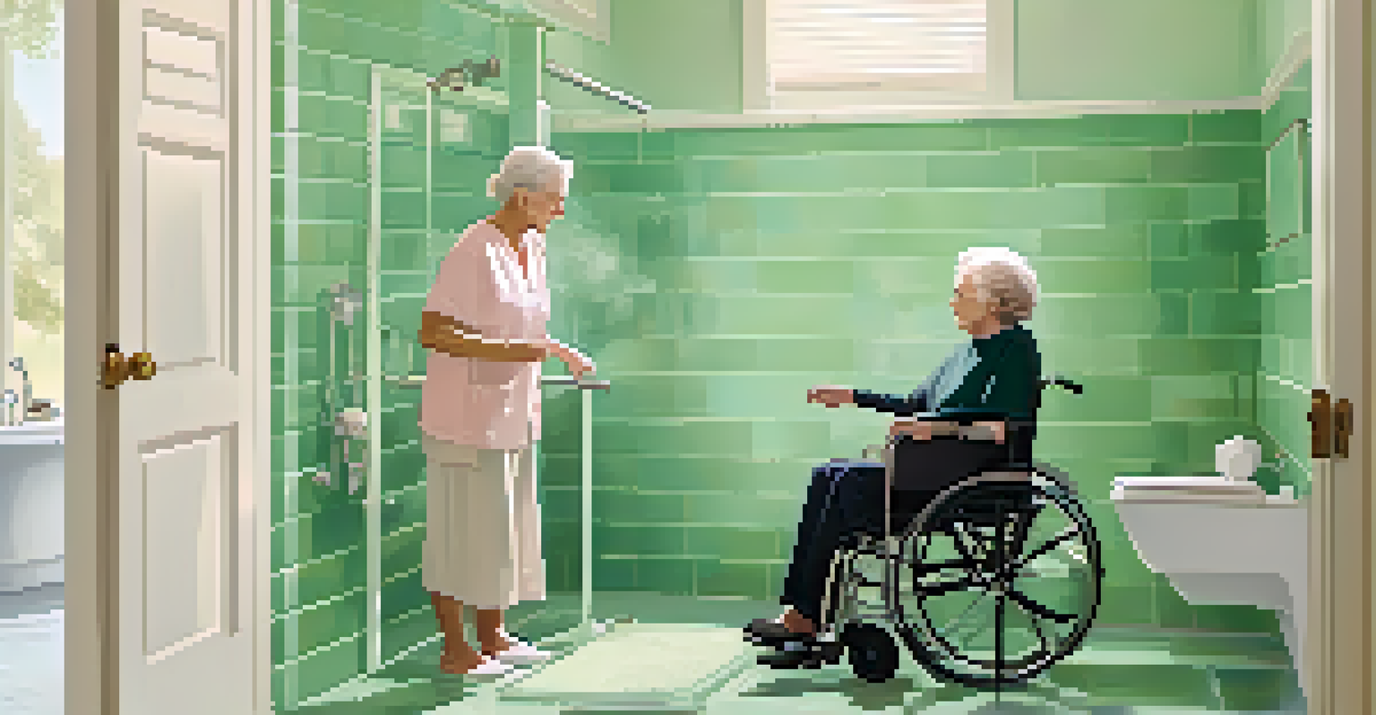 A well-lit accessible bathroom where a caregiver assists an elderly person with bathing, featuring grab bars and a shower chair.