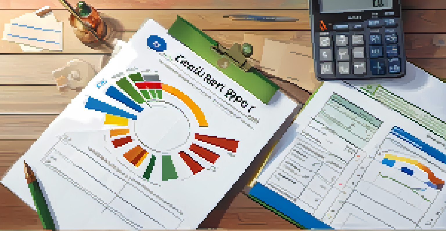 A close-up of a credit report showing colorful graphs and charts related to credit scores on a wooden desk with a pen and calculator.